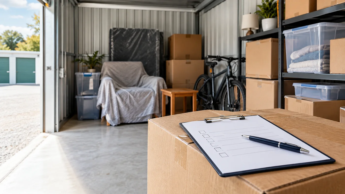 Checklist and household belongings organised inside a self storage unit