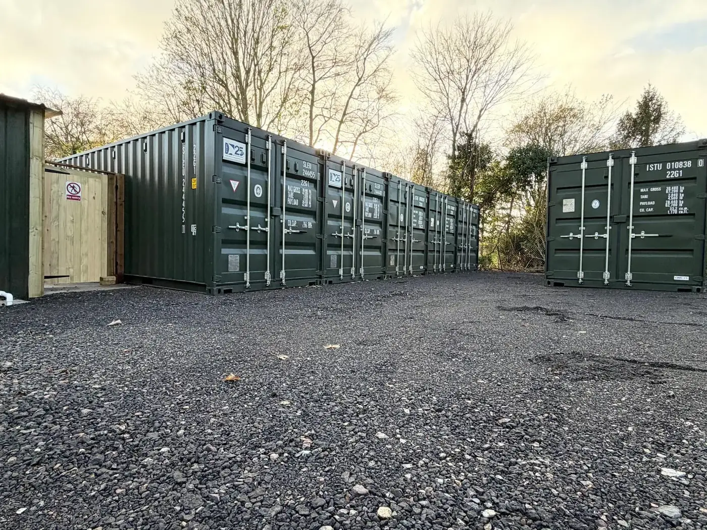 Self storage Newmarket — storage containers at Morris Safe Storage Solutions in the evening light